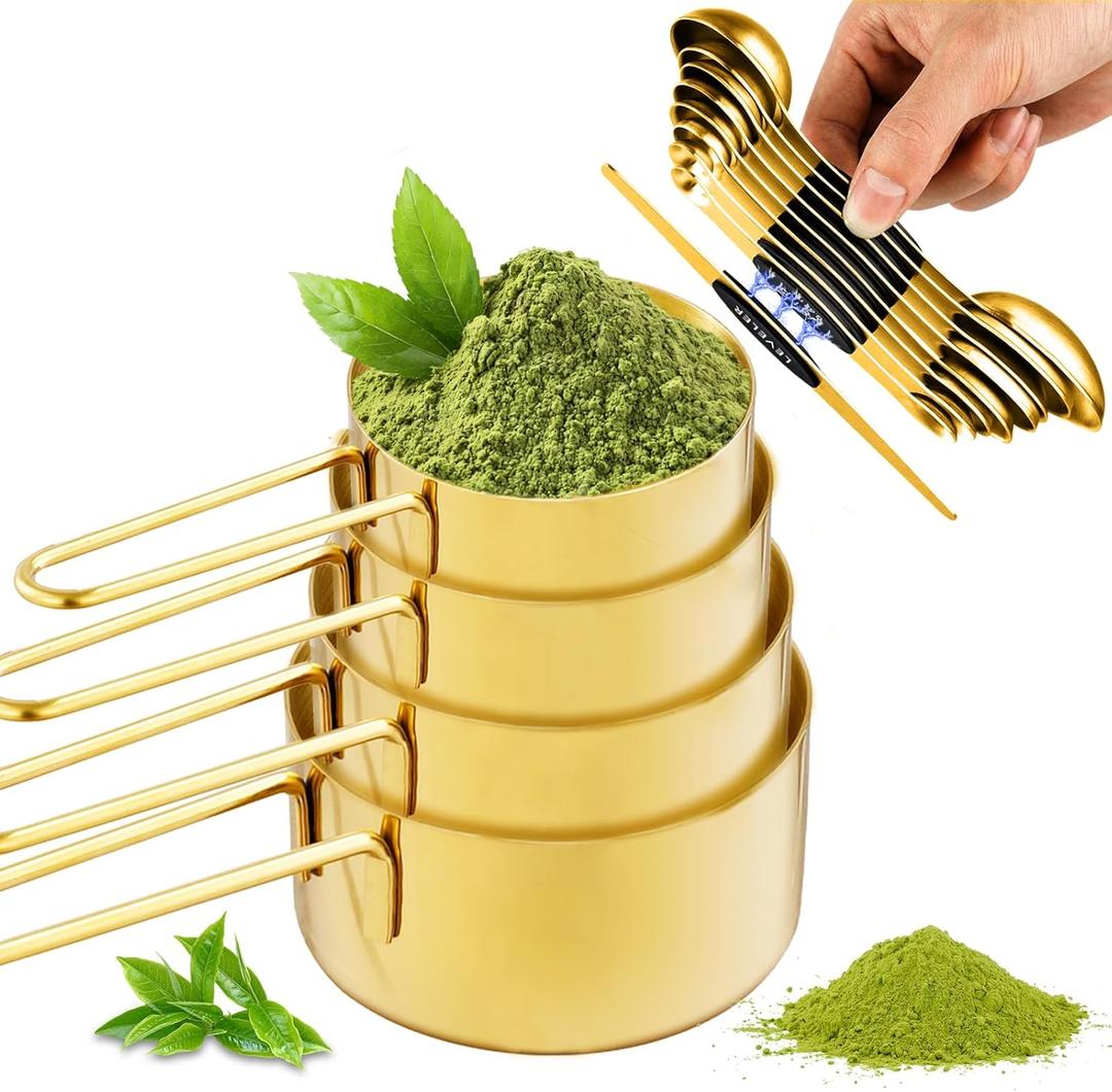 13pcs Gold Stainless Steel Measuring Cups and Spoons Set, Including 8 Double-Sided Magnetic Measuring Spoons Set & 1 Leveler, 4 Metal Measuring Cups, Kitchen Accessories for Cooking & Baking