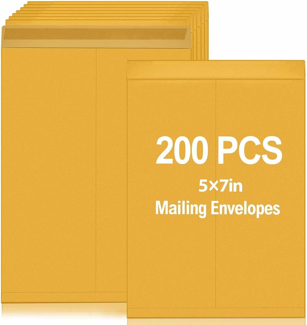 200 Pcs 5x7" Self-adhesive Mailing Envelopes Bulk, Kraft Security Catalog Envelopes with Peel and Seal Closure, 44-lb Brown Paper Mailers for Home Office, Mailing, Organizing, Storage
