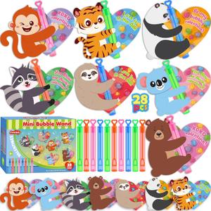 LEASEN Valentines Day Gifts for Kids, 28 Pack Mini Bubble Wands with Valentines Animal Themes Greeting Cards, Valentine's Day Classroom Exchange Gift Set, School Prizes Party Favor