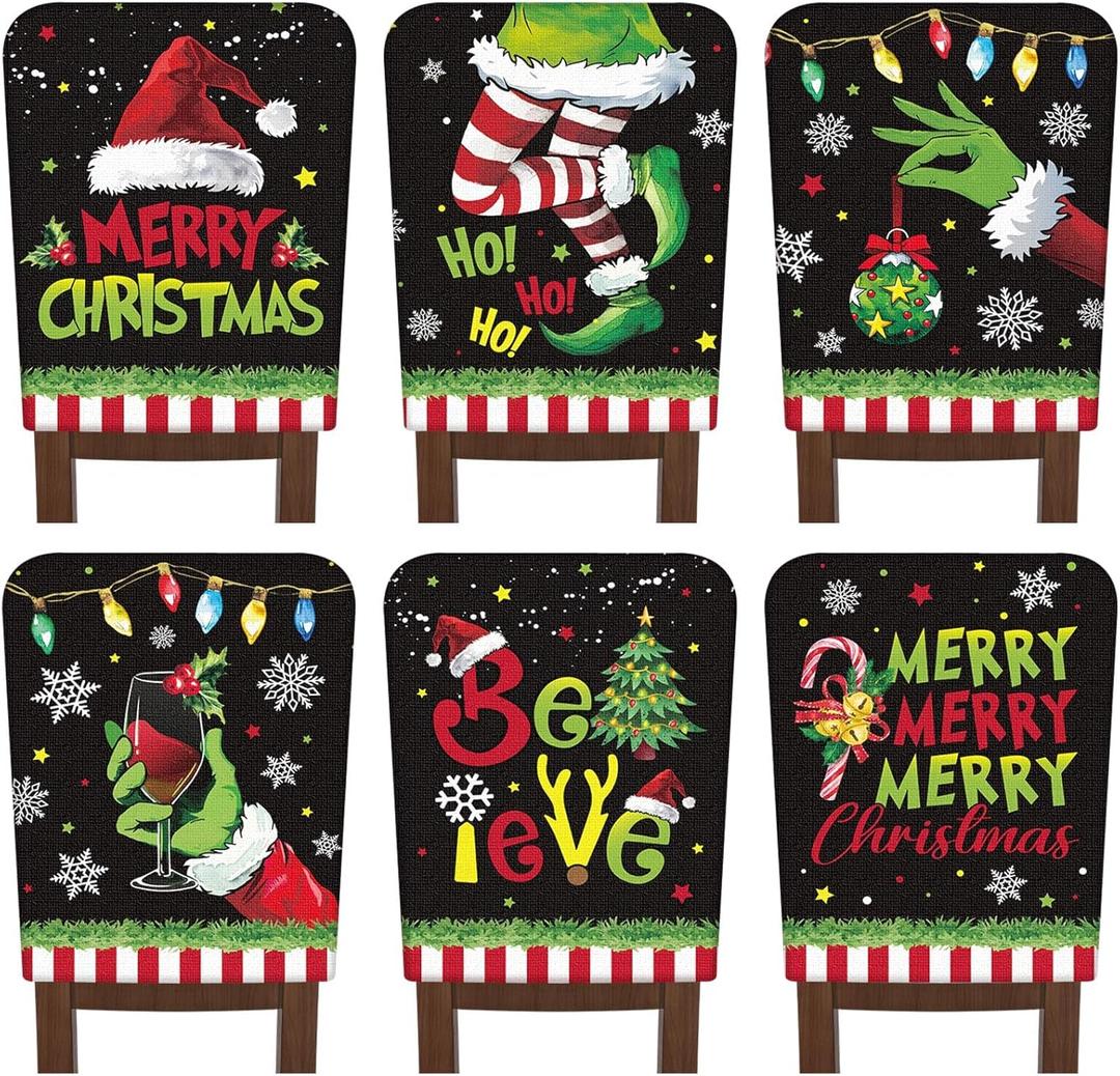 FuWeave 6 Pcs Lime Green Black Christmas Chair Covers Christmas Chair Back Covers Xmas Chair Protector Slipcovers Washable Winter Dining Room Seat Covers for Home Hotel Kitchen Decorations