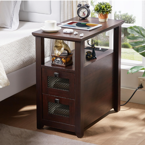 Farmhouse XXL End Table with Charging Station, Narrow Side Table with USB Ports and Outlets, Nightstand with 2 Drawers Storage, Bedside Tables for Living Room, Bedroom, Rustic Cherry