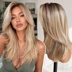 KOME Ash Blonde Highlight Synthetic Lace Front Wig, 13X4 HD Lace Glueless Medium Length Layered Straight Wigs for Women Daily Use 20IN #TT6/1603