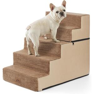 Dog Stairs with Detachable Zipper, 19.7" Extra Wide Right-Angle Pet Stairs for Bed, Anti-Slip Dog Steps for Lowrider and Elderly Cats with Support Board, 19.7x29.5x23.6 inch, Light Brown