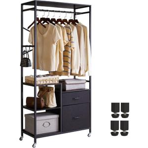 Aibiju Clothes Rack, Heavy Duty Garment Rack for Hanging Clothes, Industrial Clothing Racks with Shelves, 2 Fabric Drawers, 4 Hooks, 1 Hanging Rods Black YD-TM080B