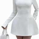 LuFeng Women's Long Sleeve Mock Neck Sexy Bodycon A-line Backless Mini Dress Tank Short Party Dress (Medium, White)