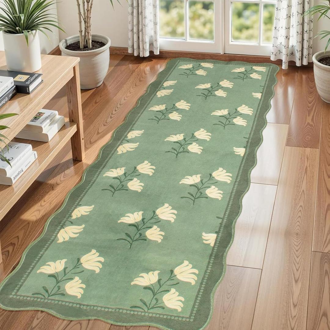 Scalloped Floral Kitchen Runner Rug, 2x6 Washable Rug Runners for Hallways Non-Slip, Green Boho Farmhouse Ultra-Thin Soft Carpet for Bathroom Laundry Entryway