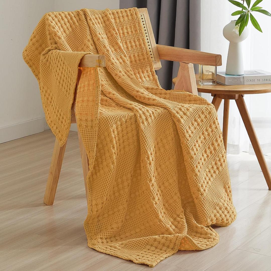PHF 100% Cotton Waffle Weave Throw Blanket, Soft Lightweight Breathable Cozy Summer Throws for Couch Bed Sofa, Luxury Aesthetic Woven Blanket for Home Decor & Office, 50"x60", Ginger/Honey Yellow (Throw(50"x60"), Ginger Yellow)