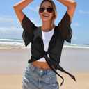 MEROKEETY Women's Summer Lightweight Sheer Shrugs Tie Front Chiffon Cardigan Cover Up Shawls for Evening Dresses (Black, XL)