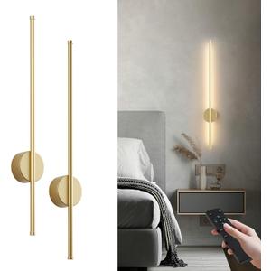 Battery Operated Modern Wall Sconces,Dimmable Wireless Wall Light Set of Two with Remote Control,3 Color Temperatures,Rechargeable LED Wall Sconce for Bedroom,Living Room,Hallway,27.6 Inch,Matte Gold