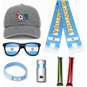 Argentina Soccer Fan Gear Set, 7 Pcs 2026 Game Day Accessories with Hat, Scarf, Flag Sunglasses, Wristband, Flag Face Paint & Cheer Sticks, Soccer Party Supplies for Watch Parties