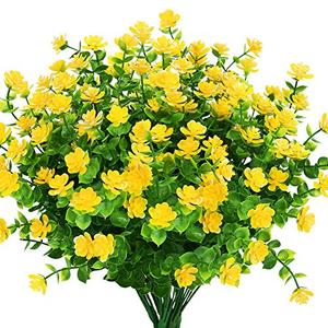 KLEMOO 6 Bundles Outdoor Artificial Fake Flowers UV Resistant No Fade Boxwood Faux Plastic Plants for Garden Patio Porch Window Box Home Wedding Farmhouse Décor (Yellow)