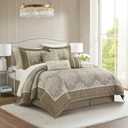Stratford Park Beige Comforter Set King, 15 Pieces Room in a Bag, Elegant Patchwork Damask Jacquard Bedding Set, Matching Bedskirt, Flat Sheet, Fitted Sheet, Pillow Shams, Curtains