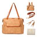 Diaper Bag Tote Fashion Leather Diaper Bag Backpack with 13 Pockets for Mom Dad, Large Travel Baby Bag Purse for Boys Girls with 3 Insulated Pockets, Changing Station - Beige