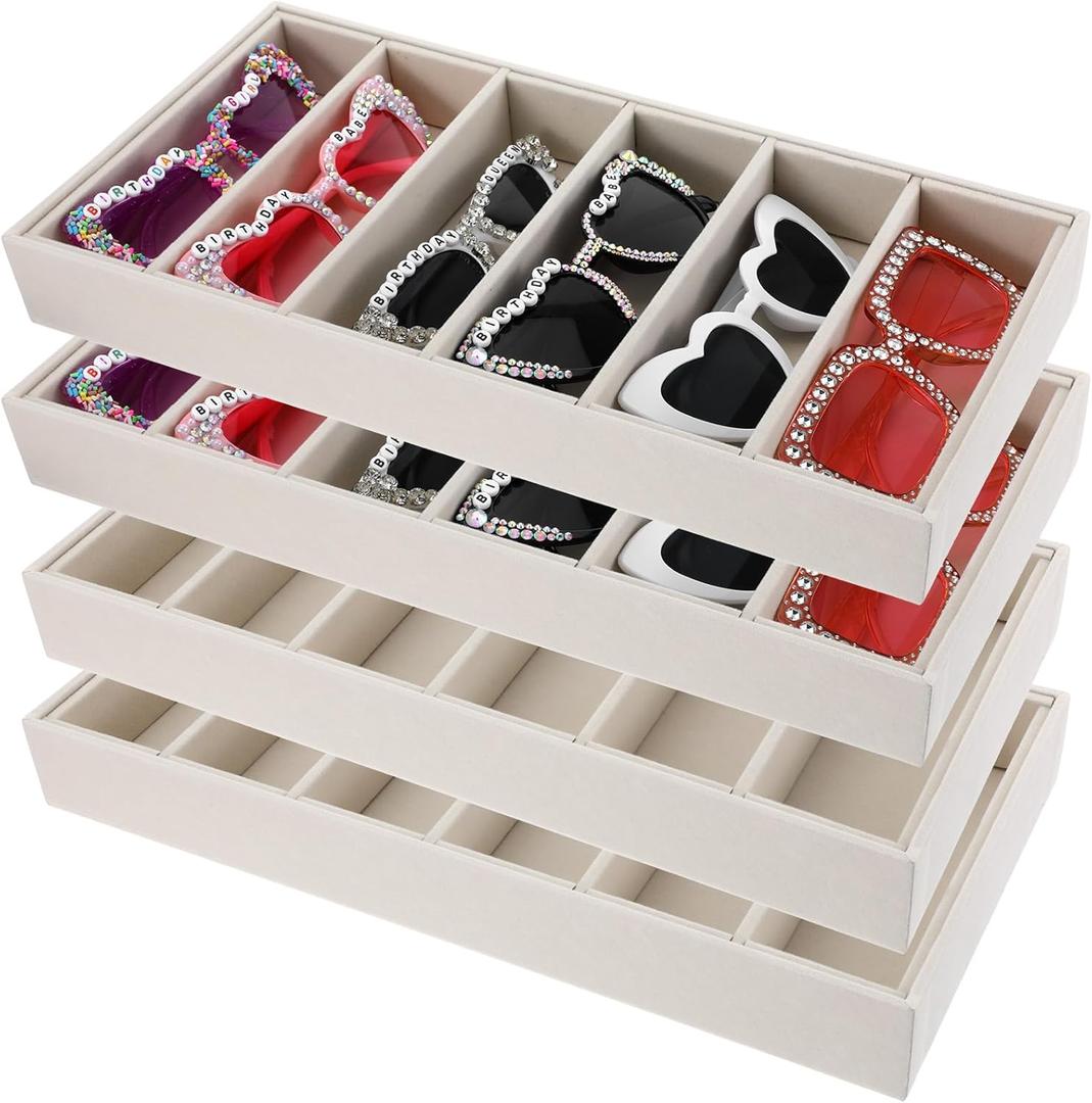 4Pcs Velvet Sunglasses Organizer Tray Stackable 6 Grid Sunglass Display Case Glasses Holder Organizer Drawer For Women Glasses Jewelry Display Watch Beige