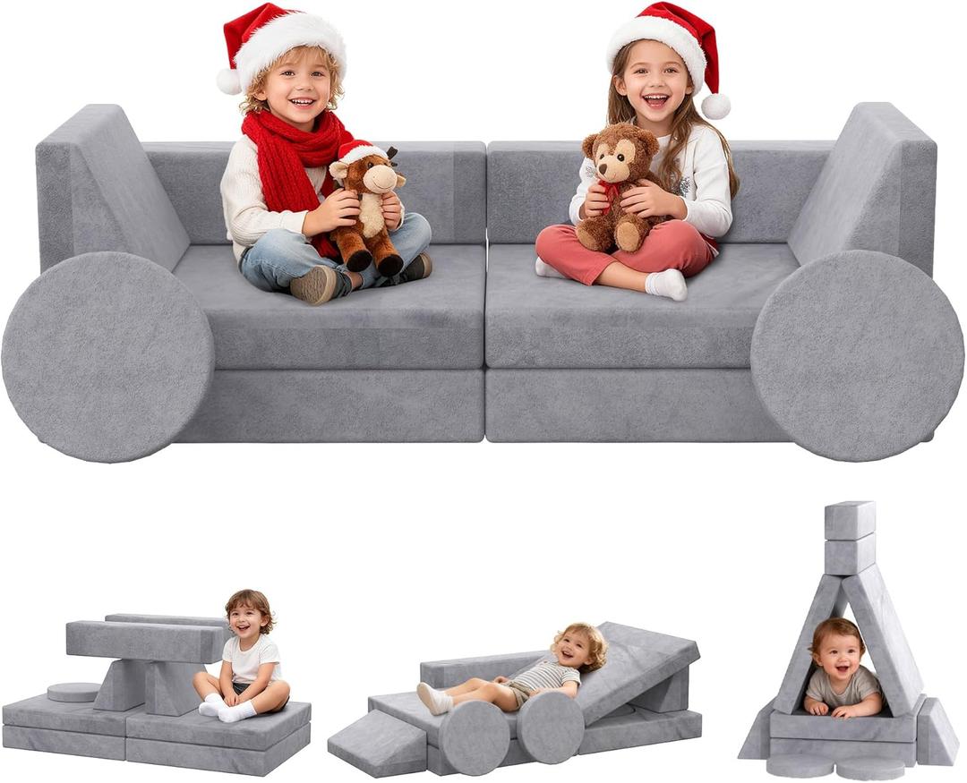 BIERUM Kids Couch, 12PCS Modular Kids Play Couch with Blanket, Kids Sofa for Playroom & Indoor, Convertible Toddler Couch for Girls and Boys (12pcs Pure Gray)