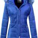 Chrisuno Women's Warm Winter Coat Velvet Puffer Jacket Quilted Faux Fur Hood (Blue)