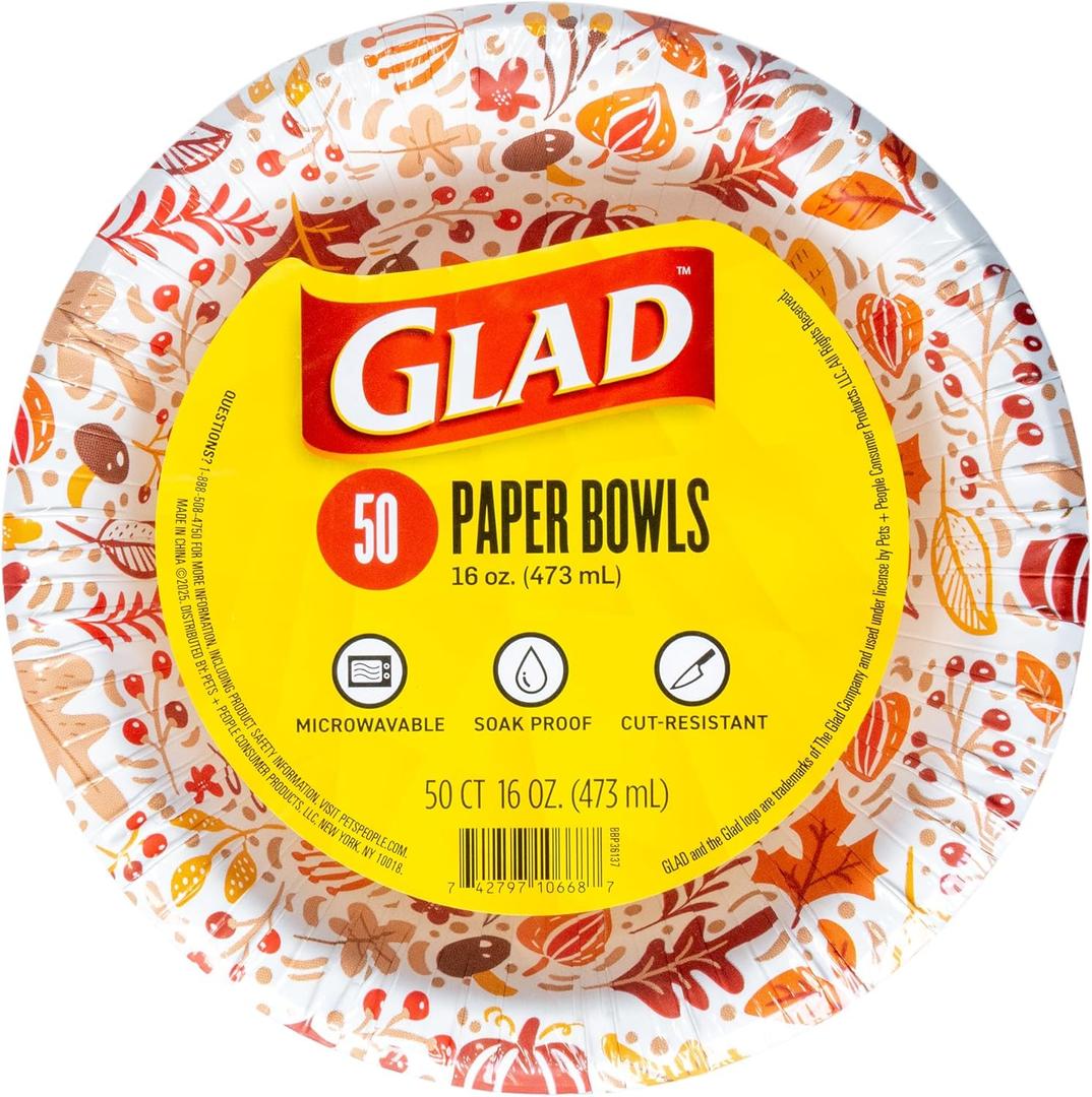 2 x Glad Round Disposable Paper Bowls, Happy Fall Design - Heavy Duty, Soak-Proof, Cut-Resistant, Microwavable Paper Bowls for All Foods, Daily Use, and Fall Occasions, 16 oz, 50 Count (Multicolor)