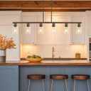 Dining Room Light Fixture Over Table, Black 6-Light Kitchen Island Lighting with Glass Shade & Adjustable Rods, Farmhouse Linear Chandelier Pendant Light for Kitchen Living Room Breakfast Corner