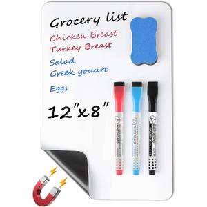 MaxGear Small Magnetic Dry Erase Board Sheet for Refrigerator, Fridge Whiteboard for Kitchen, 12"x8" White Board Organizer and Planner with Stain Resistant Technology, Include 1 Eraser, 3 Markers