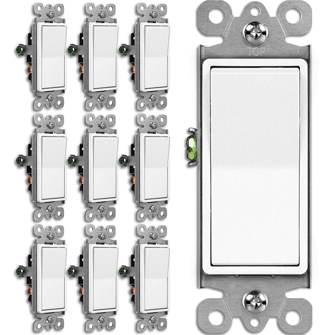 BESTTEN 10 Pack 3-Way Decorator Light Switch, 15A 120/277V, Single Pole or Three Way, Rocker Paddle Wall Switch, On/Off Rocker Interrupter, UL Listed, White