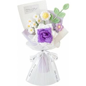 Handmade Crochet Rose Daisy as a Gift for Lover, Family,Friends. Crochet Bouquet, Crocheted Yarn Flowers, Artificial Flower Finished Bouquet (Purple)