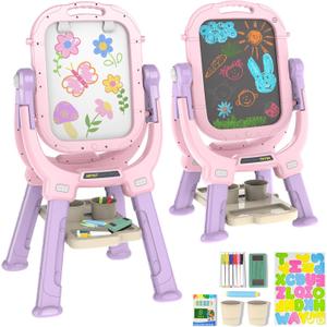 Easel for Kids, Toddler Art Easel Adjustable Standing, Magnetic Double Sided Easel with Painting Accessories, Birthday Gift for Girls Age 3+ (Pink)