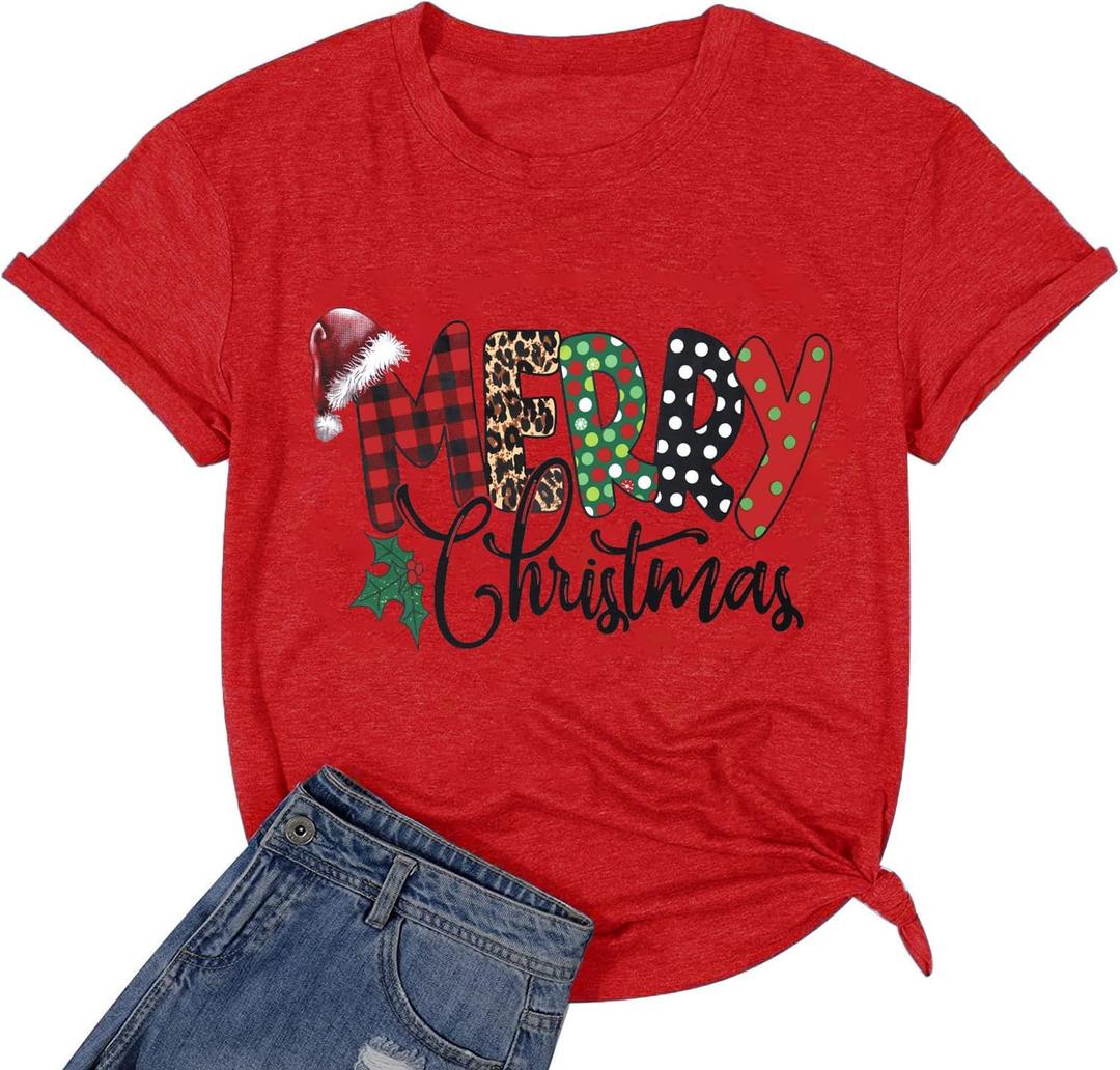 Merry Christmas Tshirts Women Funny Cute Snowflake Letter Print Graphic Print Tee Best Xmas Gifts Holiday Tops (Red, M)