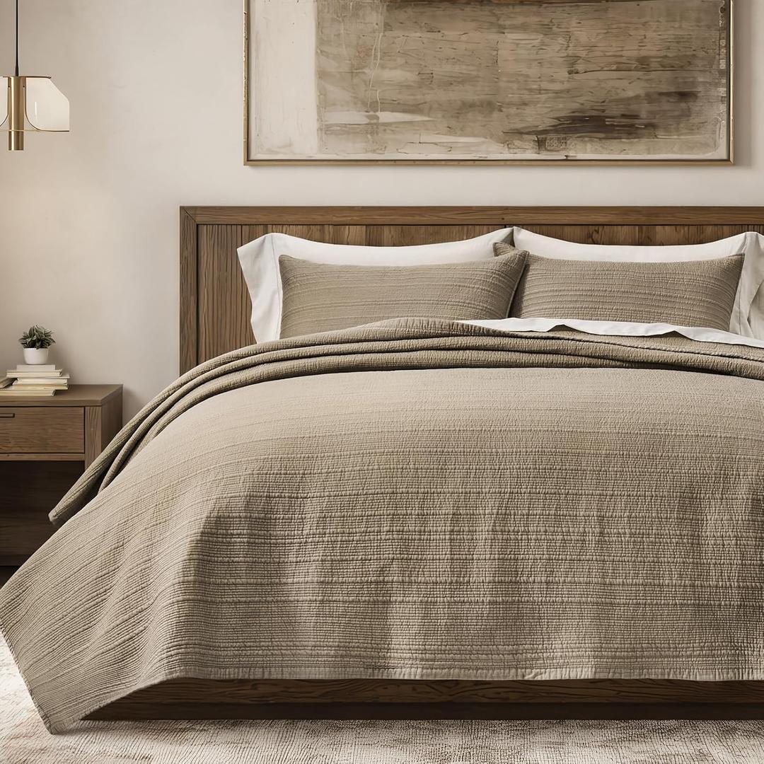EVERGRACEHOME Channel Stitch 100% Cotton Quilt Set Queen Size, Pre-Washed Cotton Sateen Coverlet Bedspread, 3-Piece Soft & Breathable Bedding Set with 2 Shams for All Seasons, Stone Taupe
