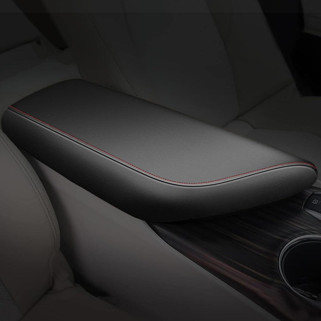 AOMSAZTO Armrest Covers for 2024 2023 2022 2021 2020 2019 2018 Toyota Camry Black with Red Stiches,Including L, LE, SE, XLE, XSE in regular, hybrid, V6, TRD.