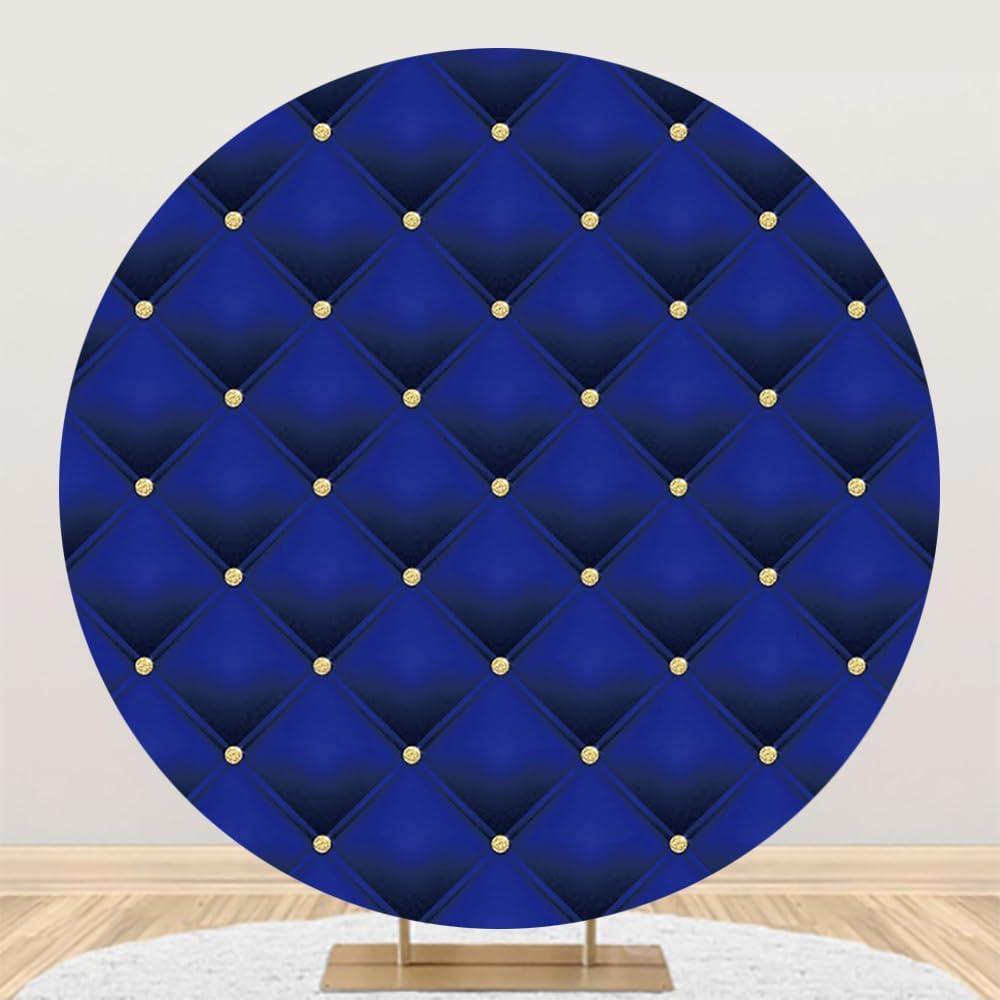 Renaiss 7.5x7.5ft Royal Blue Round Backdrop Cover Gold Diamonds Blue Tufted Checks Circle Photography Background Welcome Newborn Wedding Baby Shower Grad Birthday Party Decor Arch Photo Booth Props