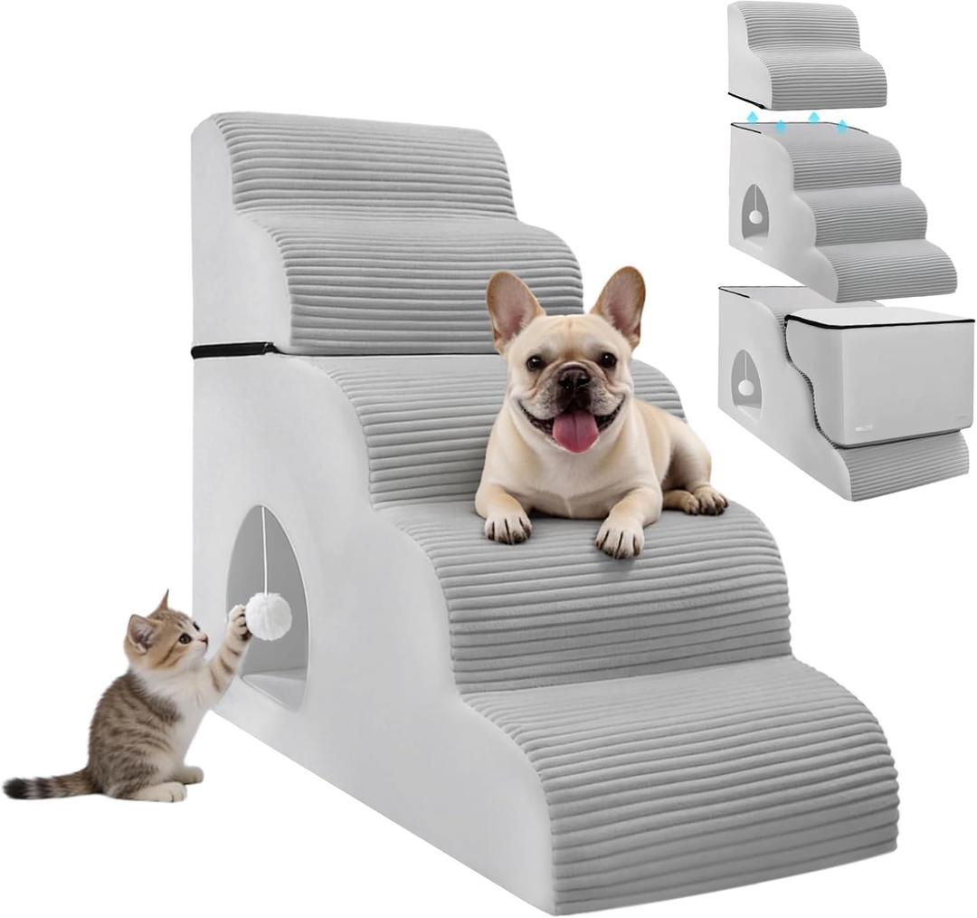 Dog Stairs for High Beds Up to 30" H with Tunnel,Extra Height 27.5" 5-Step Pet Steps for Small Dogs and Cats, Non-Slip Sturdy Dog Ramp with Anti-Tip Safety Strap and Removable Cover (Grey)
