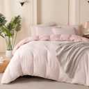 Pink Comforter Set Queen Size Striped 100% Soft Washed Microfiber Jacquard 3 Pieces Striped Bedding Sets Pink White Comforter Queen for All Seasons and 2 Pillowcases Comfort Breathable