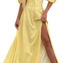 Womens Summer Square Neck Puff Sleeve Floral Split Maxi Dress Flowy A Line Beach Long Dresses, Yellow, Size XXL