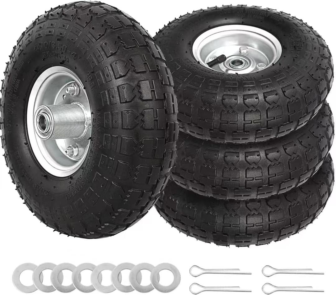 4 Pack 4.10/3.50-4 Tire and Wheel, Premium Rubber Pneumatic Replacement Wheels, Washers and Cotter Pins, with 5/8" Bearings & 2.2" Offset Hub, Compatible with Hand Truck Wheelbarrow Wagon Dollies