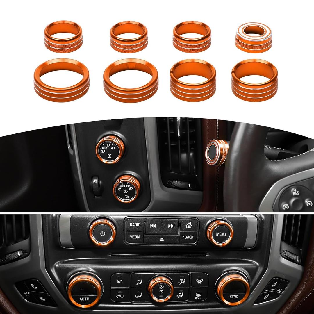 RT-TCZ for Silverado Radio AC Control Knobs Cover Trim Rings Orange for Chevy Silverado Suburban GMC Sierra 2014-2018 Orange Interior Accessories 8pcs