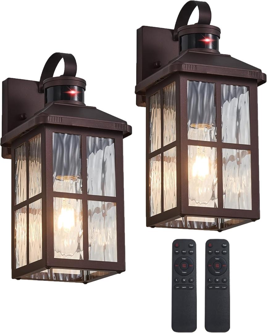 2 Pack Motion Sensor Porch Lights Outdoor with Remote, Dusk-to-Dawn Exterior Lighting Fixtures 4 Modes & Weatherproof Outdoor Wall Lights - Ideal for Porch, Patio, Entryway, Garage (Bronze)