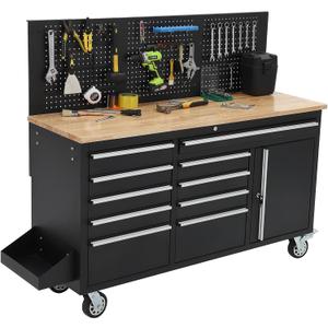 61-inch Rolling Tool Chest, 10 Drawers Garage Workbench Storage Tool Cabinet with Power Strip, Solid Rubber Wood Top, 1675 LBS Load Mobile Workstation, Heavy Duty Rolling Cabinet