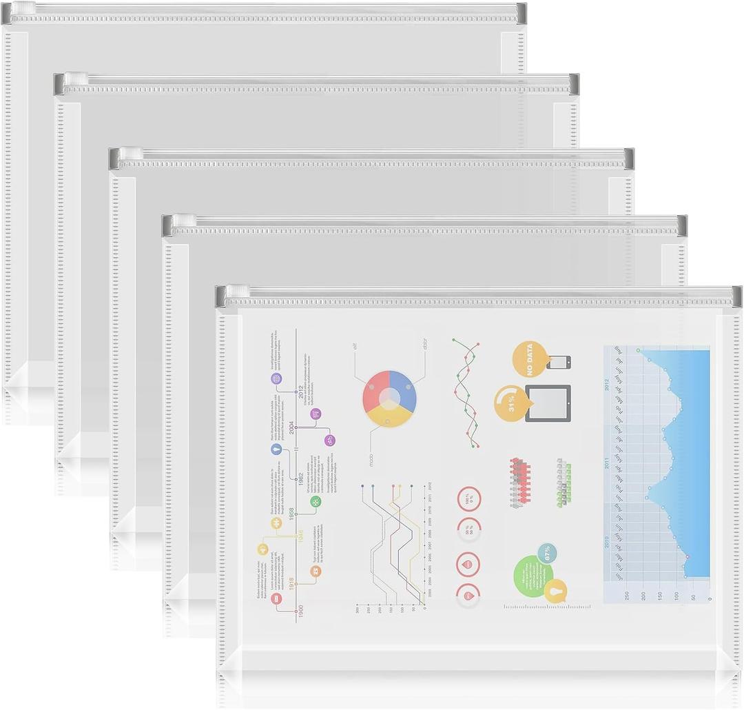 FYY 5PCS Plastic Envelopes, A4 Letter Size Poly Zip Envelopes File Folders, Translucent Expanding Document Wallet Pouch with Zipper for School and Office Supplies, 12.8 x 9.4 Inches, Clear
