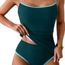 Eomenie Women's Tankini Swimsuits Two Piece Tummy Control Bathing Suit Color Block Slim Swimwear with High Waisted Bottom (Large, Peacock Green)