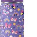 Butterfly Gifts - 16oz Purple Kids Water Bottle with Straw Lid, Stainless Steel Insulated Tumbler, Leakproof, BPA-Free, for Girls, School, Travel - Butterfly Rainbow Themed Birthday Gift Cup (1pc)