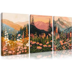 Boho Daisy Wall Art Mountain Canvas Wall Decor Abstract Flower Prints Wildflower Sunset Wall Art Colorful Floral Pictures Botanical Landscape Poster Modern Painting for Bedroom 16x24x3 Inch Framed