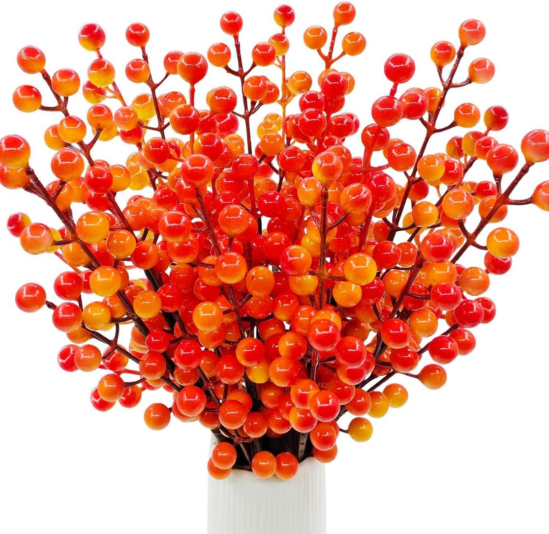 16.5 inch Artificial Fall Berry Stems Branches, 8 Pcs Faux Orange Holly Berry Fall Picks Floral Arrangements for Autumn Thanksgiving Home Table Vase Centerpiece DIY Decorations