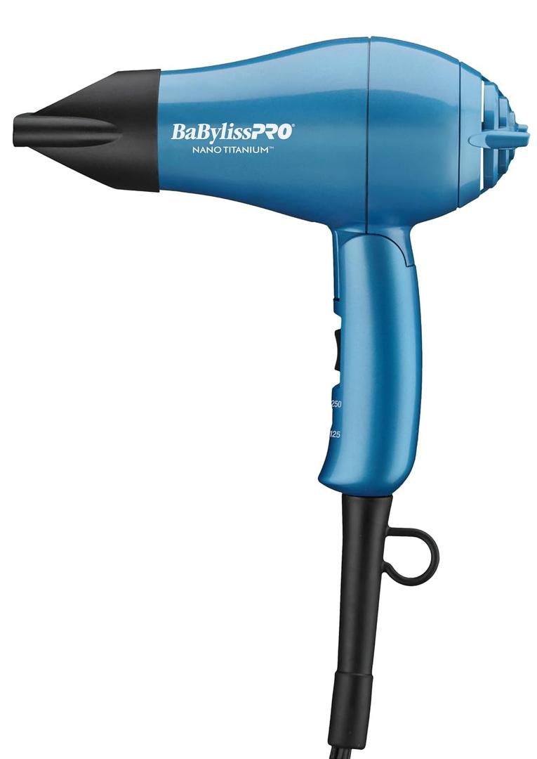 BaBylissPRO Nano Titanium Travel Hair Dryer, 1000 Watt Professional Blow Dryer with Concentrator Nozzle, Foldable Handle, Dual Voltage
