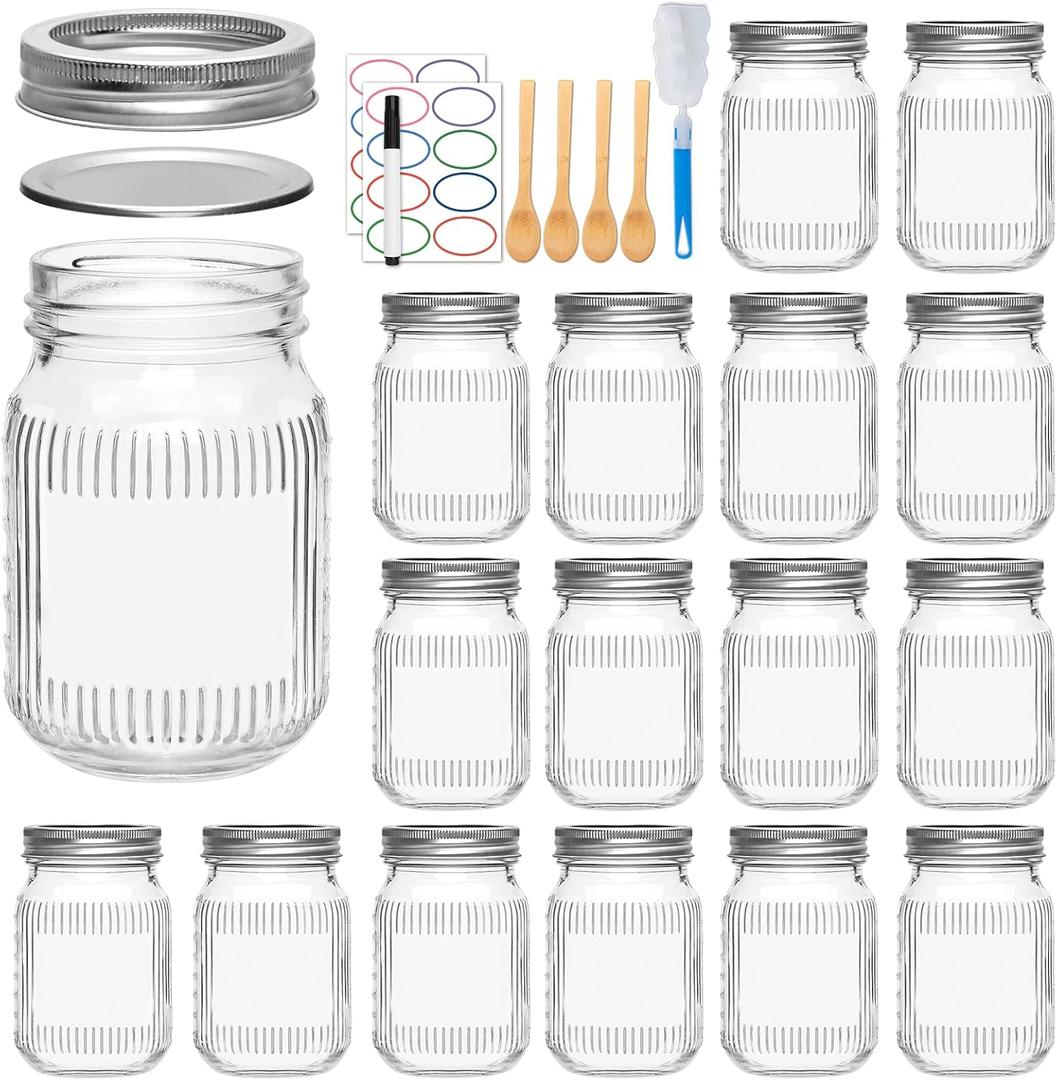 16oz Mason Jars with Lids,Canning Jars, Glass Jars,DIY Crafts for Food Storage,Overnight Oats, Pantry Organization, with Sponge Brush, Labels & Marker,16 Pack