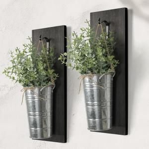 SHOHAYTO Farmhouse Wall Decor Set of 2 - Wood Hanging Planters with Artificial Eucalyptus, Rustic Vertical Pocket Vases for Bathroom Kitchen, Indoor Greenery Decor