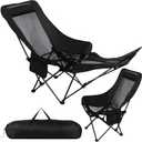 Black Reclining Camping Chair with Footrest, Portable Folding Lounge Chair, 4-Position Adjustable Folding Camping Chair with Headrest & Storage Bag for Outdoor Lawn, Hiking, Picnic, Fishing