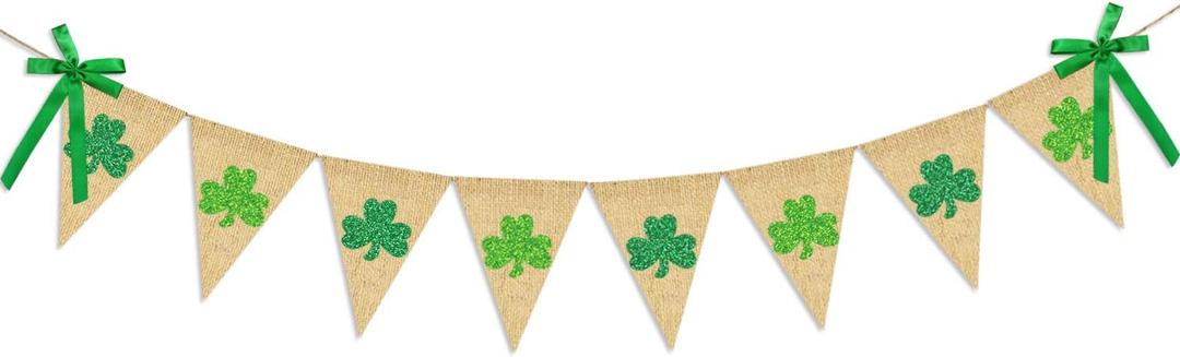 Glitter Shamrock Garland Banner Burlap | Rustic St. Patrick's Day Shamrock Garland | St. Patrick's Day Decorations | Shamrock Clover Garland Banner | Irish Lucky Day Home Outdoor Hanging Decor