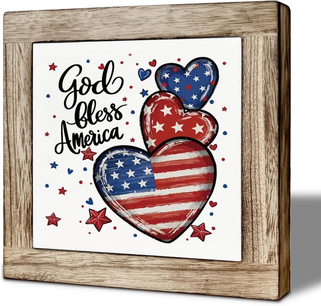 Patriotic Wooden Sign God Bless America Decor, Independence Day 4th of July Wooden Plaque for Home Desk Table Shelf Americana Decoration Gift, 5.9x5.9 Inch