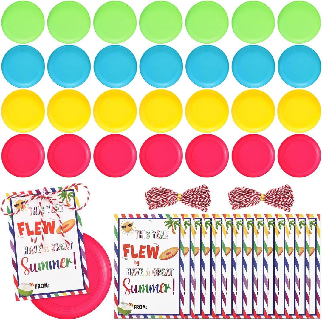 Soulchen 28 Sets Back to School Student Gifts Bulk 28 Flying Disc 3.4 Inch Colorful Mini Disc Flyer Toys 28 Summer Gift Cards and 2 Ropes for Kids Classroom School Graduation End of Year Gifts