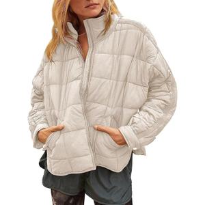 Muchpow Women's Lightweight Down Coat Long Sleeve Full Zipper Oversized Packable Short Puffer Jackets (Medium, Beige)